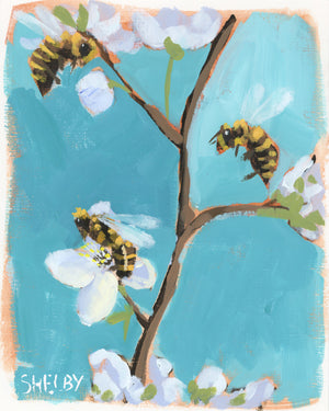 Bees and Blossoms - Vertical Painting on Paper - Framed to Order