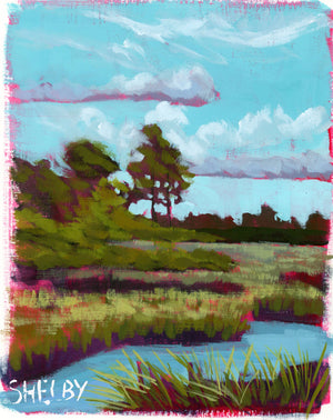 Meandering Marsh - Vertical Painting on Paper - Classic Pewter Frame