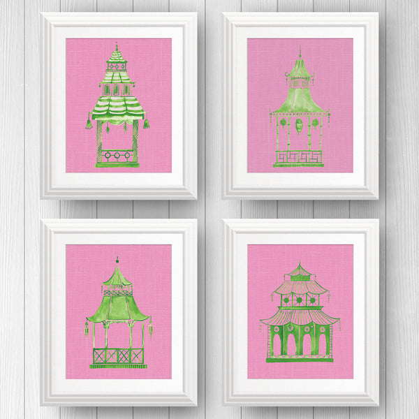 Green and Pink Pagoda Prints - Set of 4