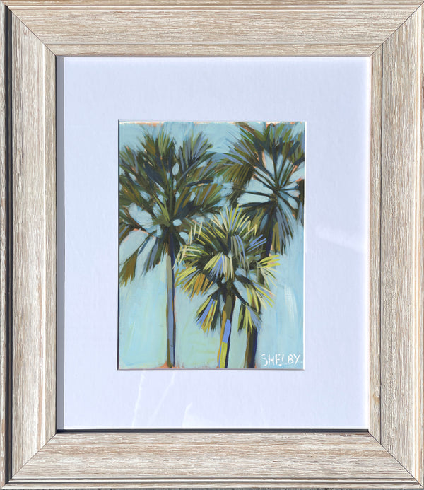Blue Palms - Vertical Painting on Paper - Framed to Order