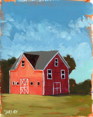 Golden Hour Barn - Vertical Painting on Paper - Framed to Order
