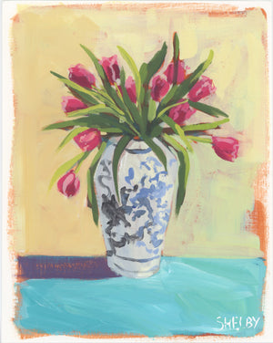 Tulip Bouquet- Vertical Painting on Paper - Framed to Order