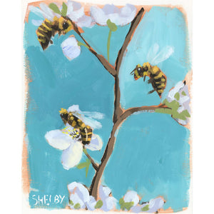 Bees and Blossoms - Vertical Painting on Paper - Framed to Order